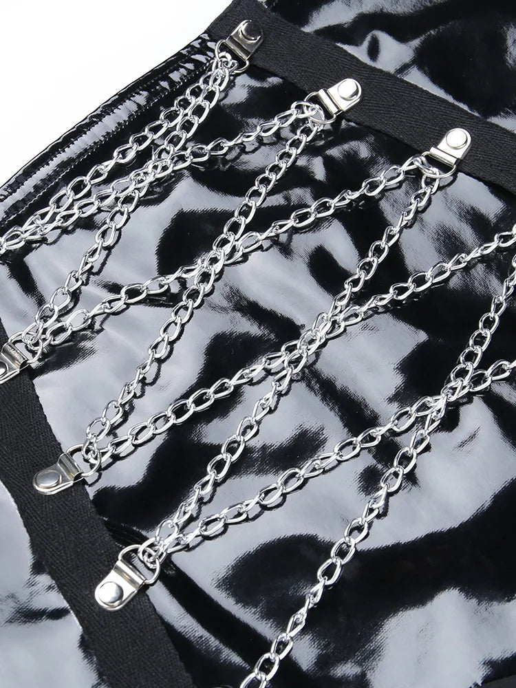 Yangelo Goth Grunge Skirt With Buckle Women Y2K Punk Sexy Bottoms Patchwork Split Long Skirts Summer Zipper See Through Clothes