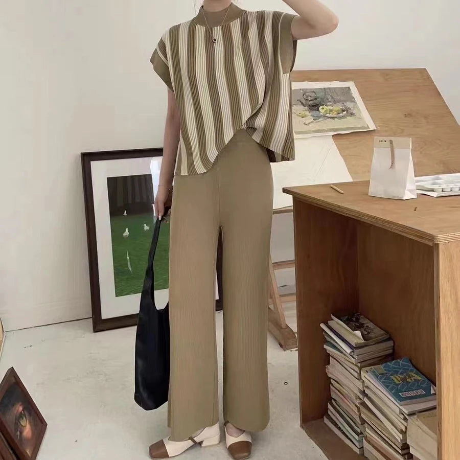 Women Sweater Pant Set Winter Knitted  Casual Pullovers Suits Long Sleeve AutumnLoose Tops Elastic Striped Elegance Sweaterpants Viralgem Store
