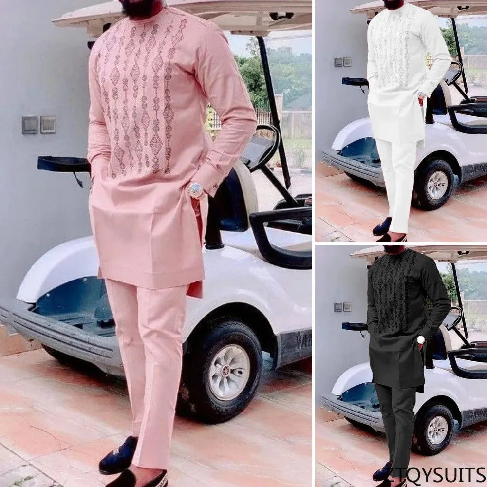 Two Pieces Set Men African Suit Long Sleeve Round Collar Print Shirt Pants Africa Traditional Wedding Party Outfits Slim Suits Viralgem Store