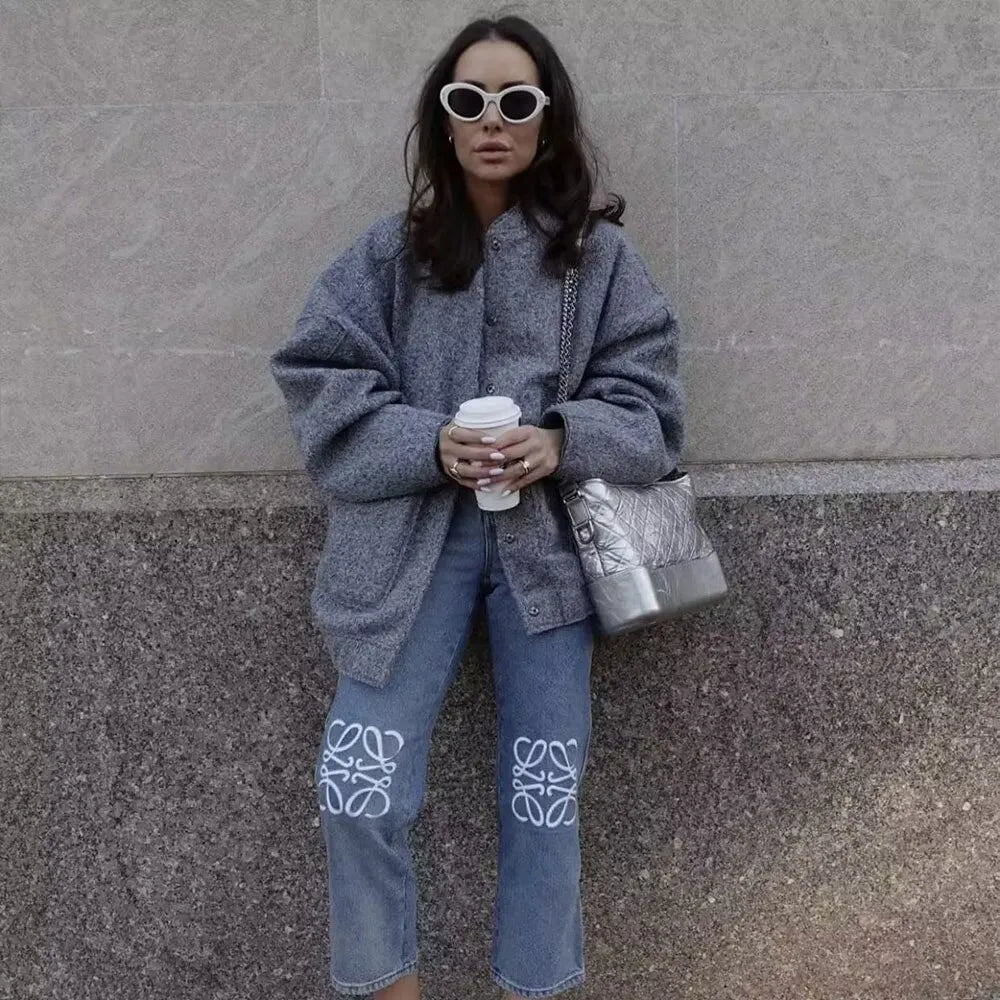 2023 Women Fashion With Pockets Oversized Bomber Jacket Coat Vintage Long Sleeve Snap Button Female