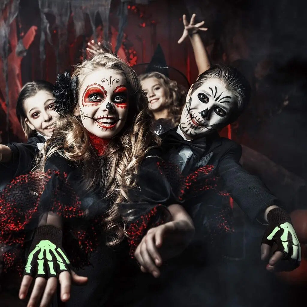 Unisex Halloween Skull Gloves Punk Luminous Glow in The Dark Skeleton Half Finger Glove Cosplay Non-slip Wrist Stretch Mittens Viralgem Store