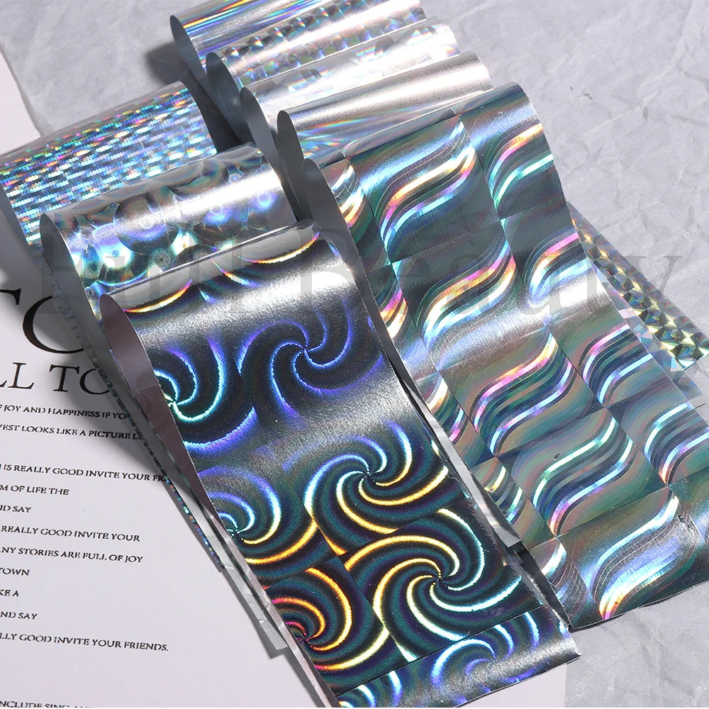 10Pcs Hologram Transfer Foil Nails Laser Stars Holographic Nail Stickers Mermaid Tail Sliders Metallic Gel Polish Wraps NLXKY01