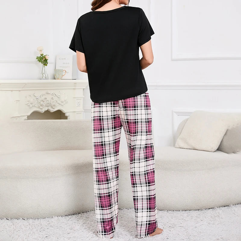 3-Piece Women's Checkered Printing Pajamas Set Soft & Comfy Crew Neck Tee Elastic Shorts & Lounge Pants Sleepwear Home Clothing