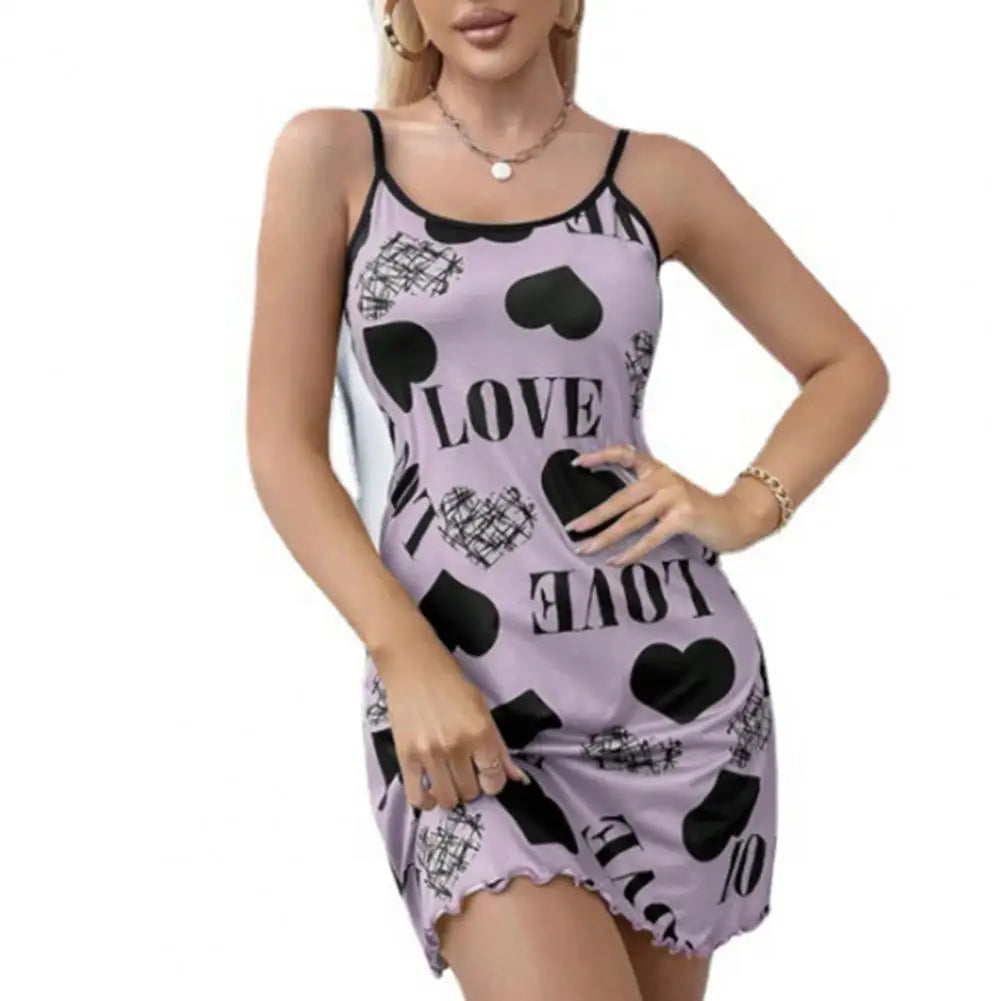 Spaghetti Strap Sleep Dress Heart Letter Print Nightdress Backless Lady Nightgown Casual Round Neck Sling Women Sleepwear Dress Viralgem Store