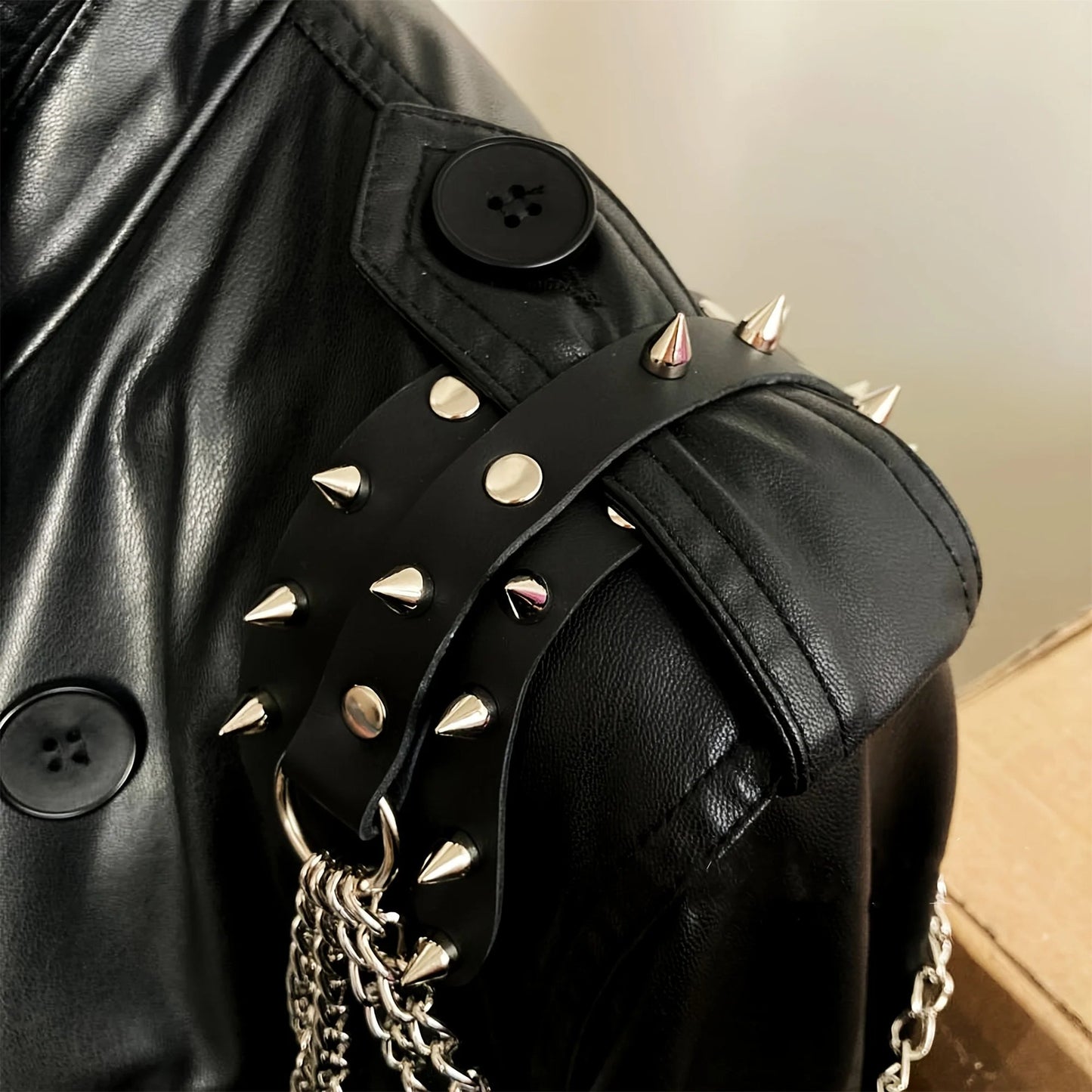 UYEE unisex synthetic leather shoulder armor with rivet details and chain tassel fashionable black studded waistband accessory Viralgem Store