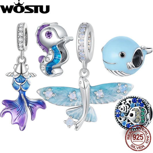 WOSTU 925 Sterling Silver Magical Flying Fish Pendants Blue Ocean Whale Bead Fit Original Bracelet DIY Charms Jewelry Making