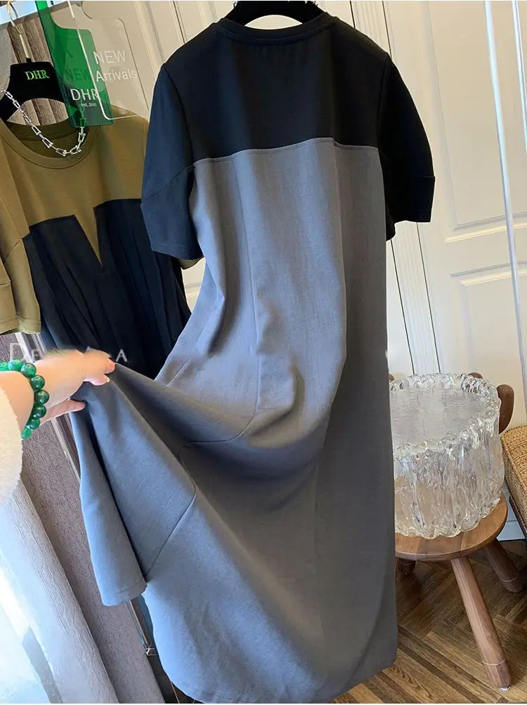 Women Plus Size L-5XL T Shirt Dress Short Sleeve O Neck Pleating Knee Dresses Female 2024 Summer Casual Fashion Clothing Robe