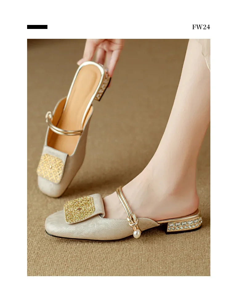 2024 Summer Elegant Sandals Women New Rhinestones Fashion Dress Half Slippers Baotou Women's Temperament Chinese Style Slippers