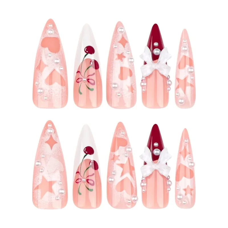24Pc Long Stiletto Press on Nails Cherry Pink French False Nails with 3D Bow Pearls Design Detachable Acrylic Fake Nail Art Tips Viralgem Store