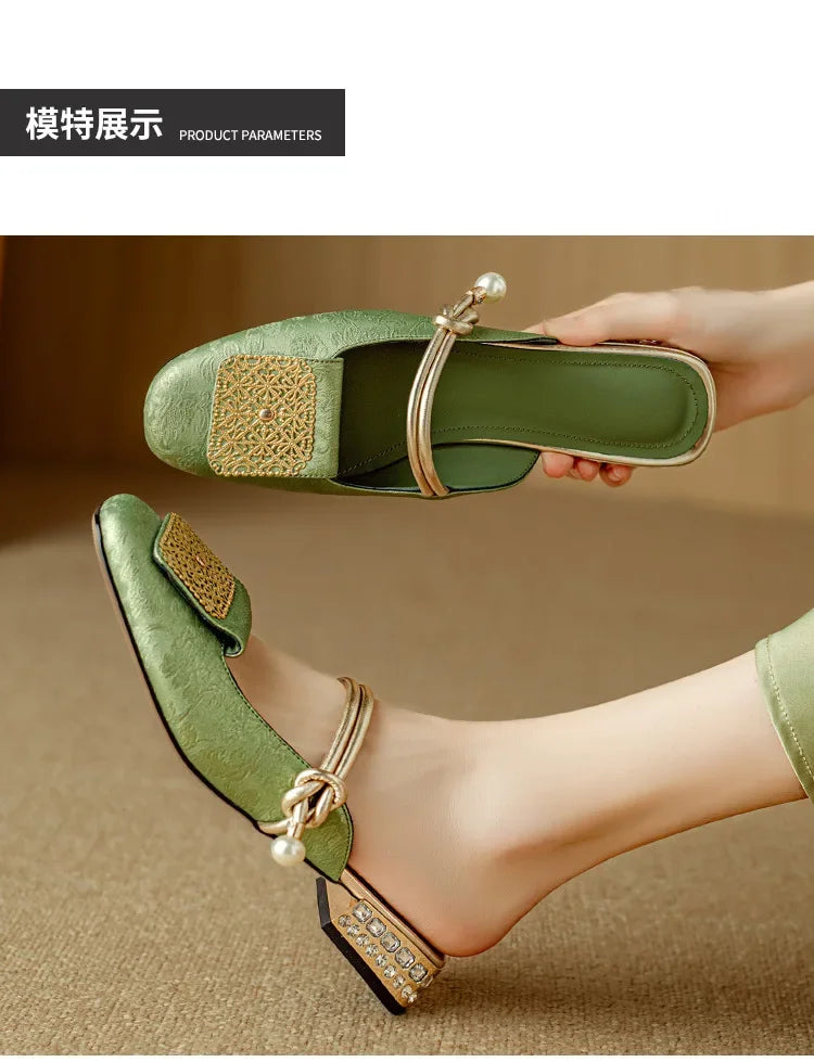 2024 Summer Elegant Sandals Women New Rhinestones Fashion Dress Half Slippers Baotou Women's Temperament Chinese Style Slippers