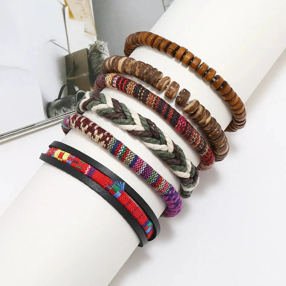 4Pcs/ Set Braided Wrap Leather Bracelets for Men Vintage Life Tree Rudder Charm Wood Beads Ethnic Tribal Wristband Rope Bracelet