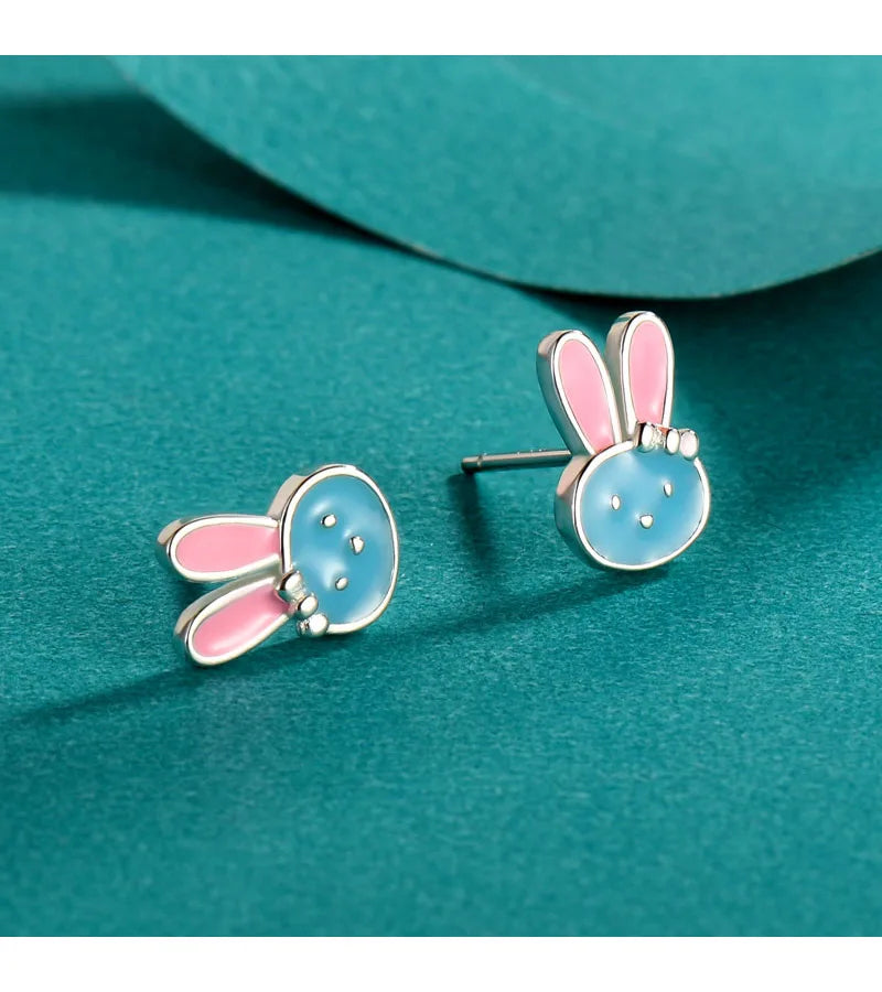 TrustDavis Real 925 Sterling Silver Cute Glaze Animal Rabbit Charm Stud Earrings For Daughter Girls Birthday Gift Jewelry DK024