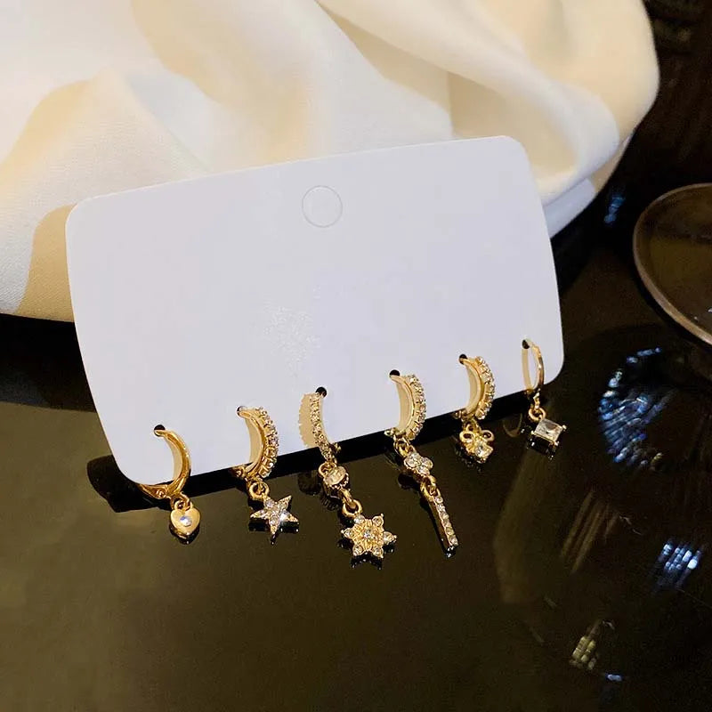 6Pcs/Set New Gold Color Geometric Pendant Hoop Earrings for Women Crystal Star Heart Bow Drop Earring Cartilage Piercing Jewelry