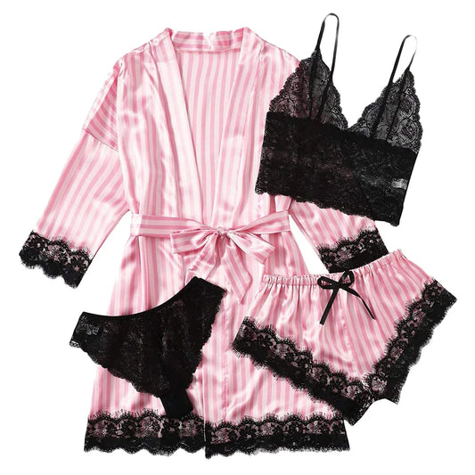2023 Women Pajamas Sets Satin Sleepwear Silk 4 Pieces Nightwear Pyjama Strap Lace Sleep Lounge Pajama with Chest Pads Gifts Viralgem Store