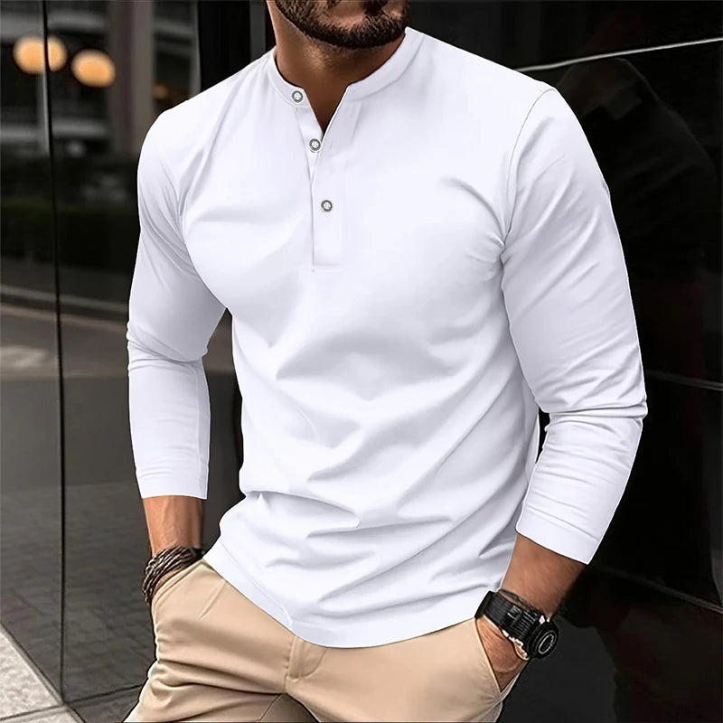 2025 Men's Summer Long Sleeve Henry Polo Casual Breathable Comfortable Polo Shirt Solid High Quality Male T-Shirt Dropshipping Viralgem Store