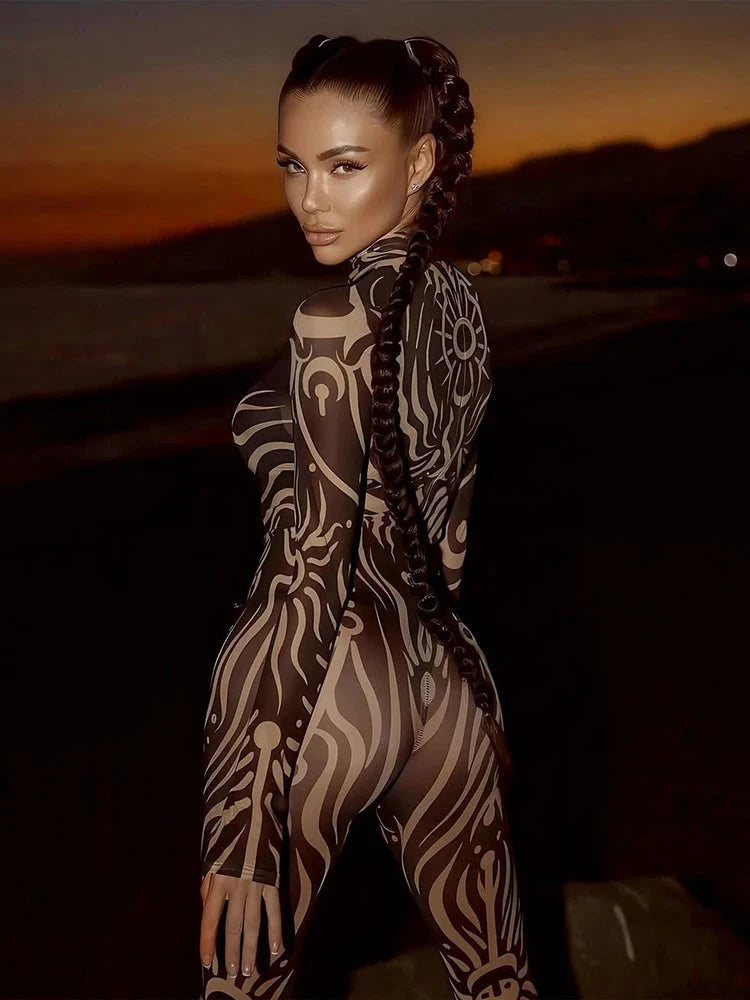 Sisterlinda Sexy Fashion Print Jumpsuits Woman Turtleneck Full Sleeve See Through Skinny Peach Hip Street Wild Style Overalls Viralgem Store