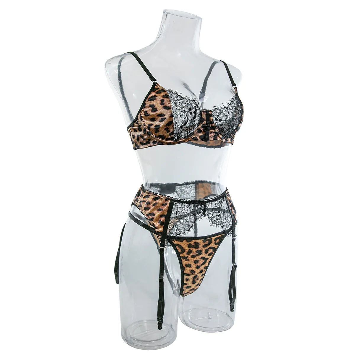Yimunancy Leopard Print Lingerie Set Women Lace Patchwork Bra + Panty Underwear Set 3-Piece Garter Kit Intimates