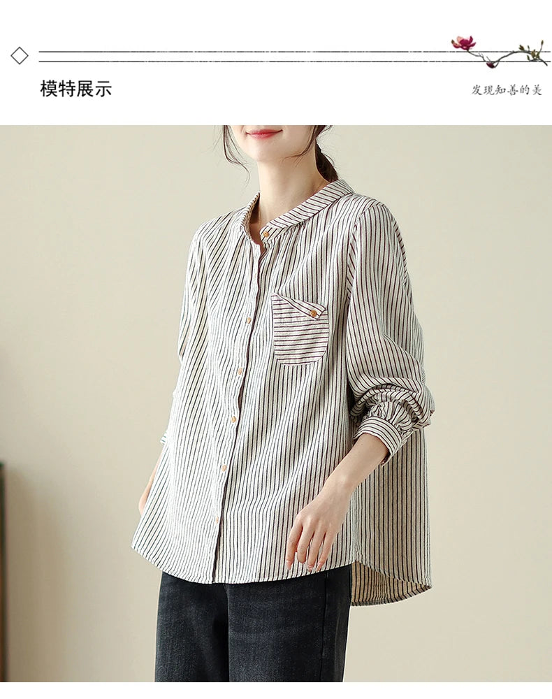Women Long Sleeve Casual Shirt New Arrival 2024 Spring Korean Style Vintage Striped Loose Female Basics Cotton Tops Shirts B3254