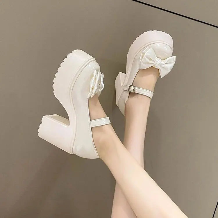 White Round Toe Platform High Heels Women Mary Jane Shoes Retro Bows Elegant Chunky Heel Women's Wedding Shoes Viralgem Store