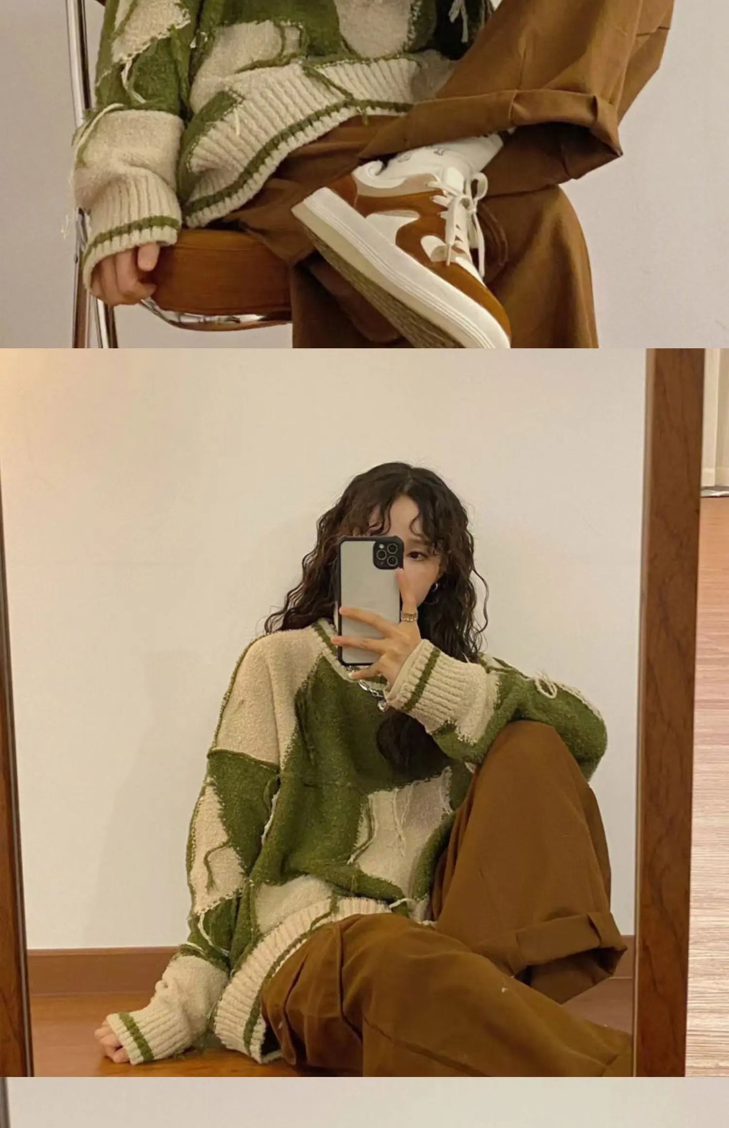 Women's Green Gothic Y2k Two-tone Knitted Sweater Harajuku Korean Y2k Long Sleeves Jumper Sweaters Vintage 2000s Clothes Autumn