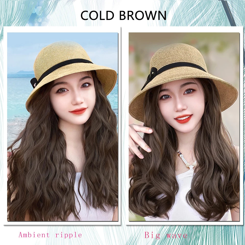 Synthetic Wig Hat One Female Summer New Braided Fisherman's Hat Ripple Full Head Fashion Sunshade Lafite Hat