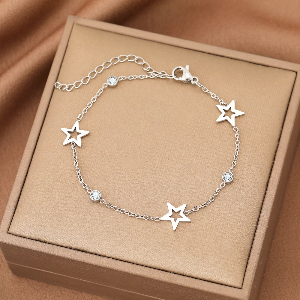 Stainless Steel Bracelets Crystal Zircon Hollow Star Pendant Korean Fashion Bracelet For Women Jewelry Best Friend Gifts New in