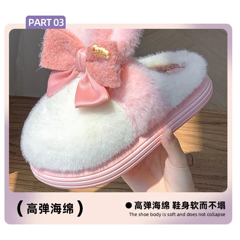 8 cm High platform fur slippers women's winter fluffy ear home shoes woman white bunny rabbit slippers woman house clog shoes