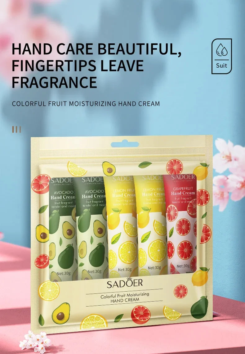 5Pcs/set SADOER Fruit Plant Fragrance Hand Cream Sets Moisturizing Repair Anti Dry Hand Lotion Sets Hands Skin Care Products Viralgem Store