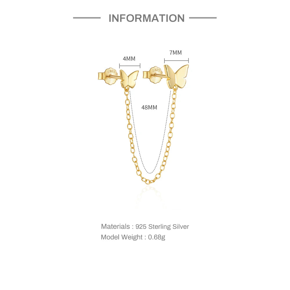 Aide 925 Sterling Silver 1pc Four Zircons Charm Chain Tassel Earrings For Women Double Studs Sparkling CZ Pave Cartilage Clips