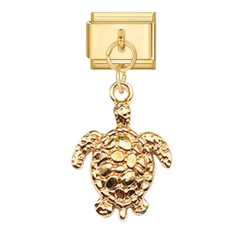 Vintage Golden Sea Shell Conch Starfish Dolphin Turtles Pendant Bead Fit 9mm Italian Charm Bracelet Stainless Steel DIY Making