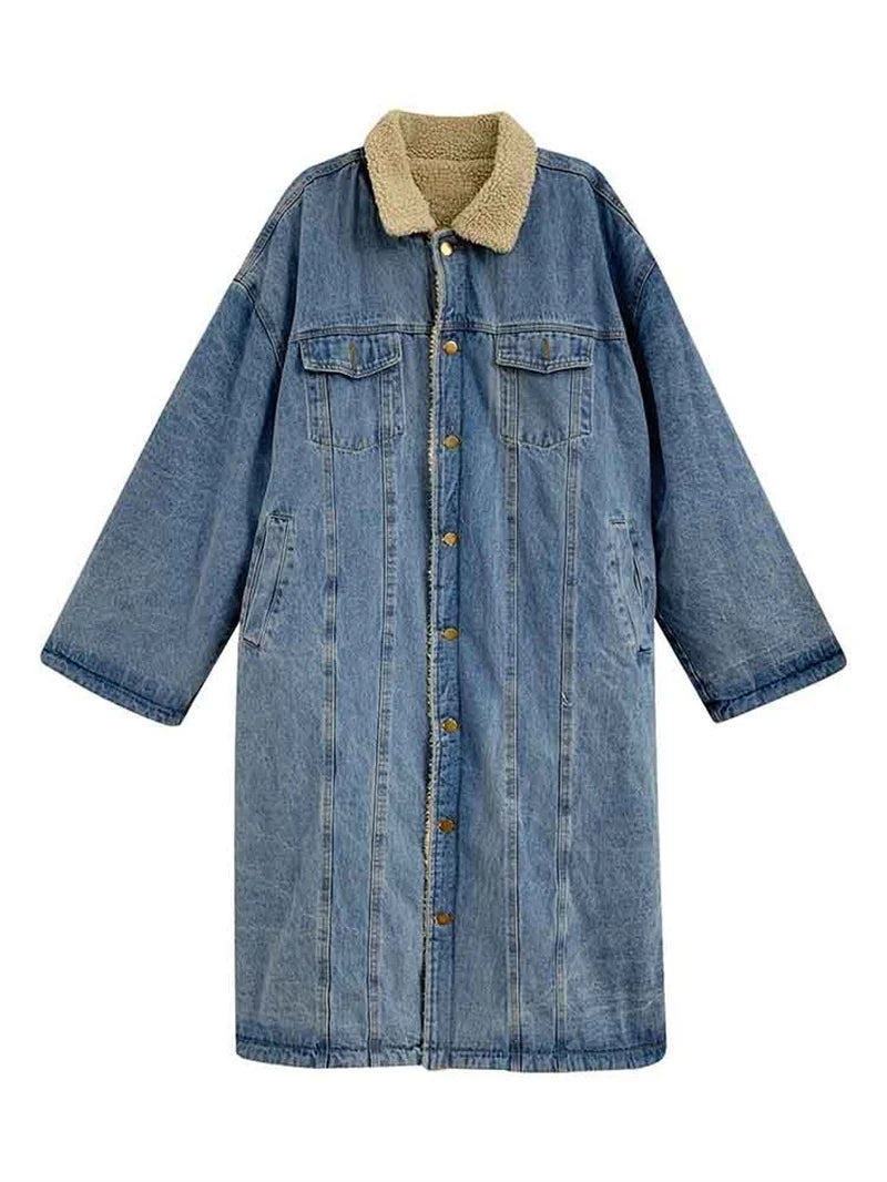 2023 Winter Lamb Wool Denim Coat Women Mid length Style Loose Temperament BF Slim and Thickened Warm Fried Street Cotton Coat