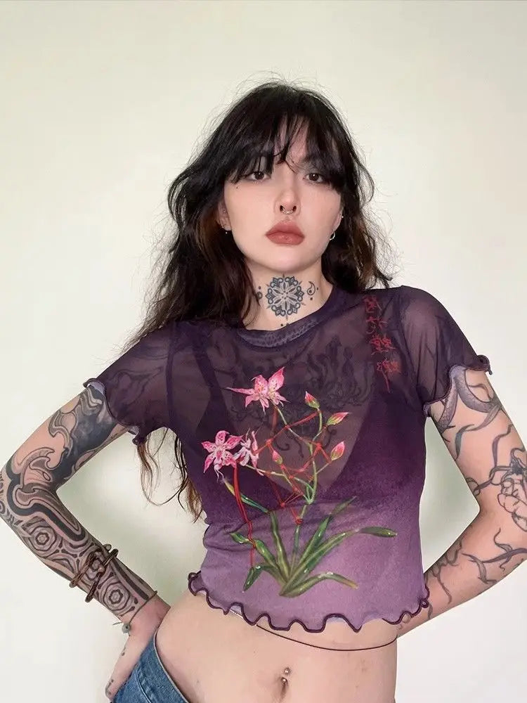 Yedinas Summer Crop Top Mesh Tops Short Sleeve Purple T Shirt Women Clothes Sheer See Through Gothic Floral Tees Y2k Chic Tshirt