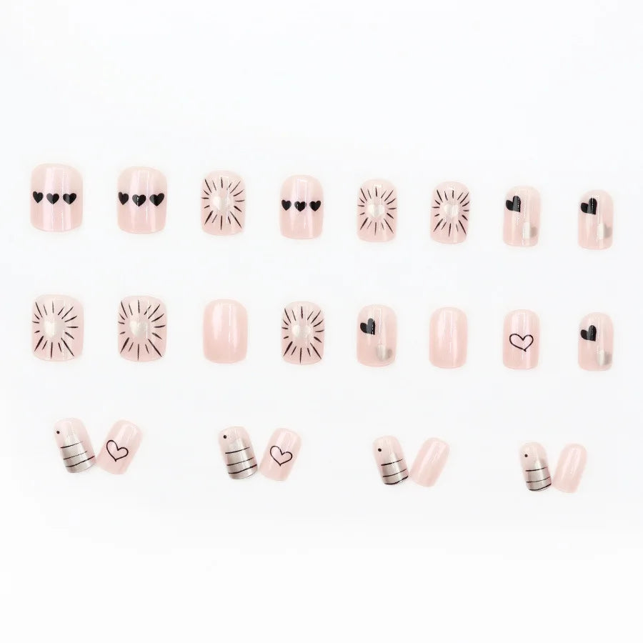 24pcs/set short Medium fake nails square ballet almond nail tips pink beautiful heart for Valentine's Day press on false nails