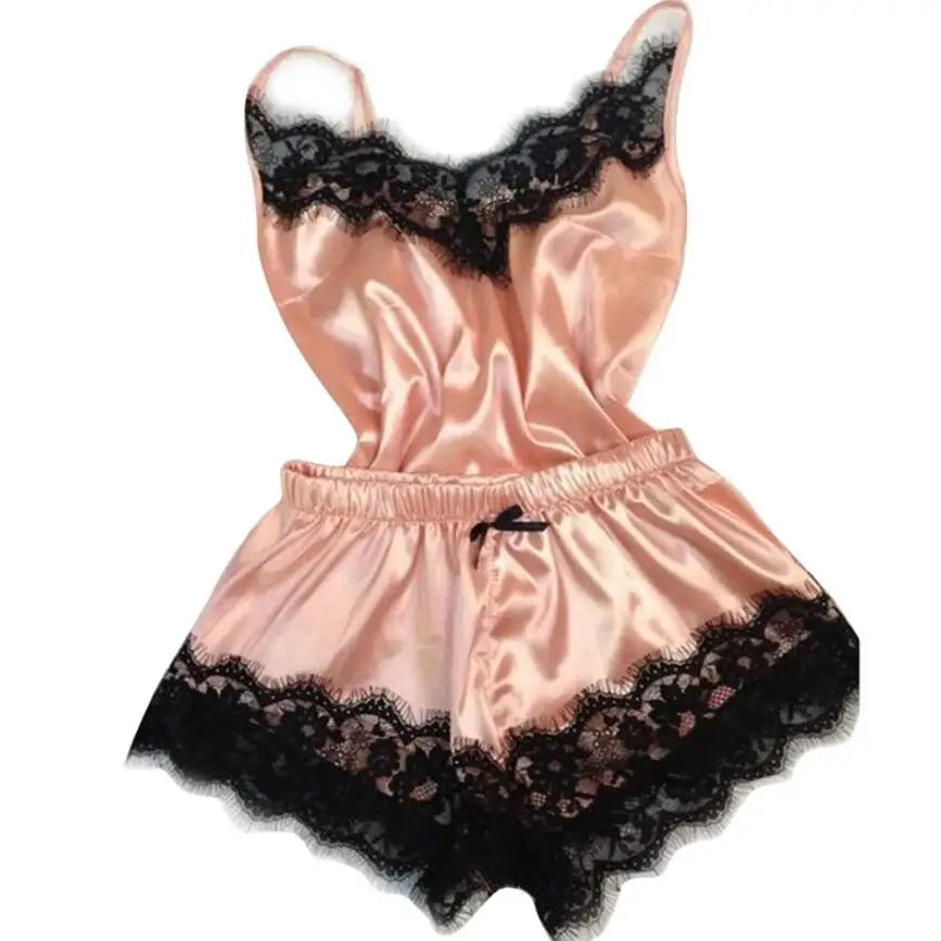 2024 New Women Bow Sleepwear Sleeveless Strap Nightwear Lace Trim Satin Cami Top Pajama Sets femme sexy lingerie pyjamas women Viralgem Store