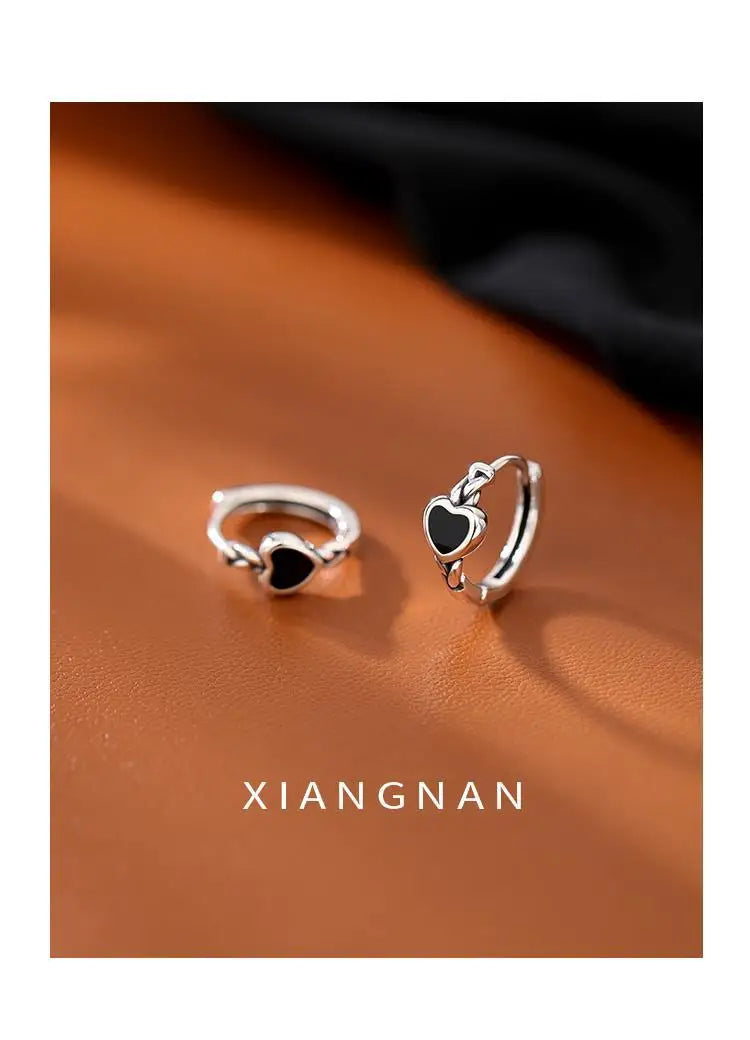 925 Sterling Silver Black Heart hoop Earrings Temperament Simple Inlaid for Women Wedding Jewelry Accessories