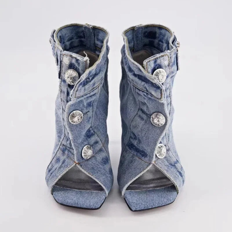 2024 Summer Brand New Pocket Design Fashion Denim High Heel Sandals Popular Charming Woman Shoes Comfort Slippers