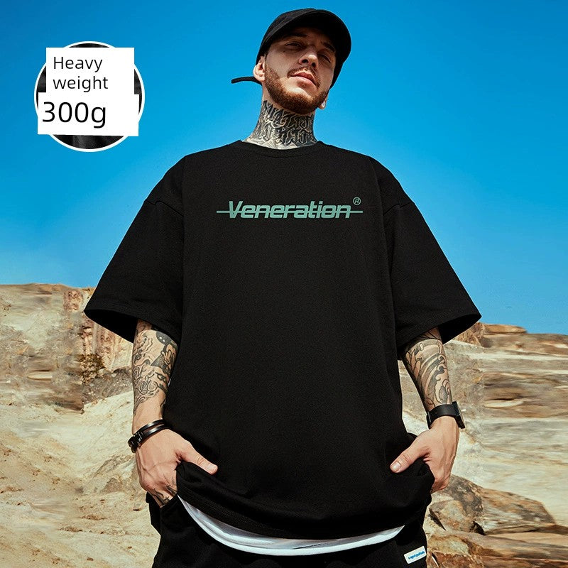 300G Heavy Weight American Letter Print Short-Sleeve T-shirt Street Plus Size Black round Neck Cotton Simple Half Sleeve Men's Fashion
