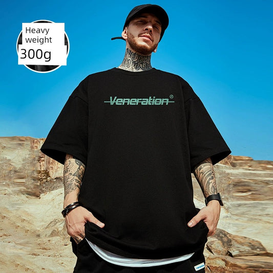 300G Heavy Weight American Letter Print Short-Sleeve T-shirt Street Plus Size Black round Neck Cotton Simple Half Sleeve Men's Fashion