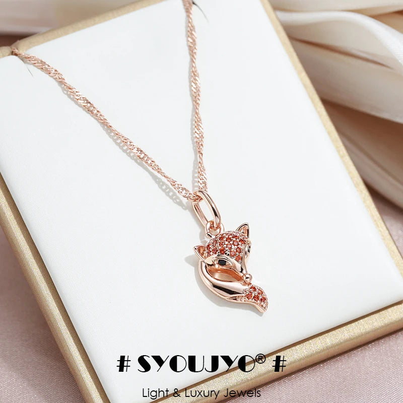 SYOUJYO Red Natural Zircon Fox Pendant Necklace For Women 585 Rose Gold Color Animal-shaped Fine Jewelry Viralgem Store