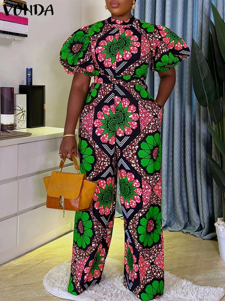 VONDA Women Jumpsuits Short Puff Sleeve Bohemian Print Playsuits 2025 Stand Collar High Waist Overalls Oversized Viralgem Store