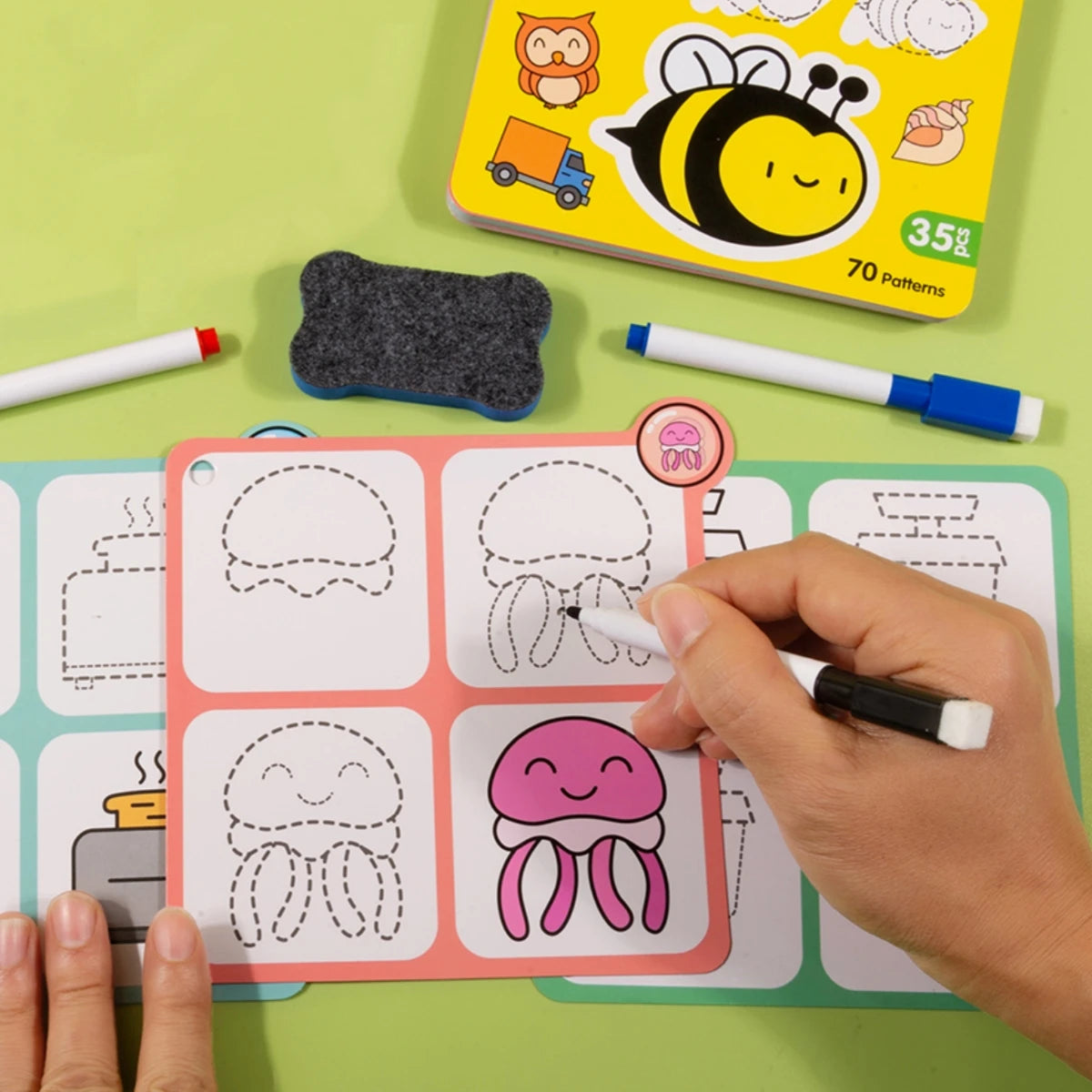 70 Patterns Step-By-Step Learning Simple Drawing Card Book, Reusable Graffiti Set, Cartoon Educational Line Drawing Introductory Enlightenment, Kindergarten Art Activity Teaching Aids, Drawing Skills and Pen Control Training