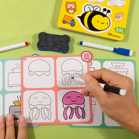 70 Patterns Step-By-Step Learning Simple Drawing Card Book, Reusable Graffiti Set, Cartoon Educational Line Drawing Introductory Enlightenment, Kindergarten Art Activity Teaching Aids, Drawing Skills and Pen Control Training