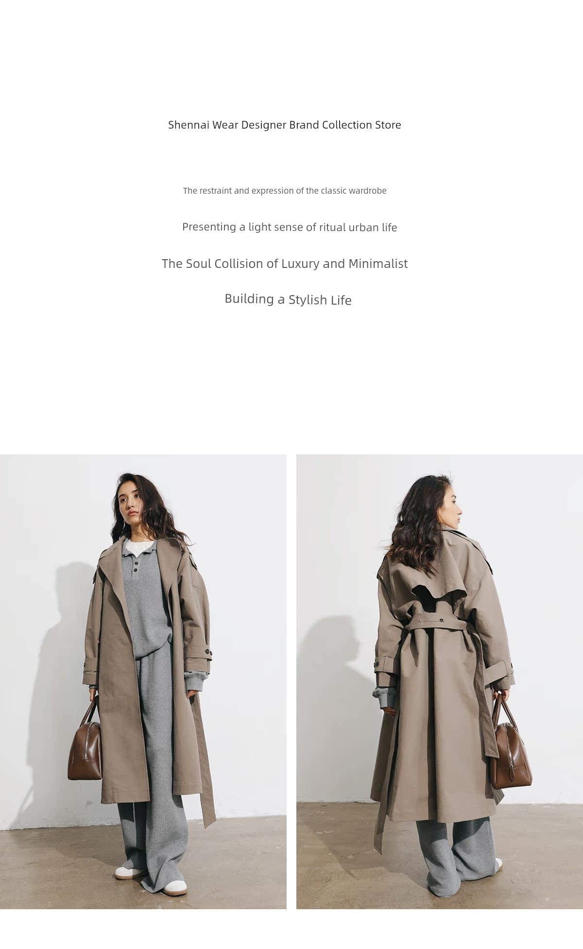 Women's Spring Clothing Fashion Gray Coffee Color Loose Shoulder Ins Style Minimalist Casual Very Wide Long Trench Coat