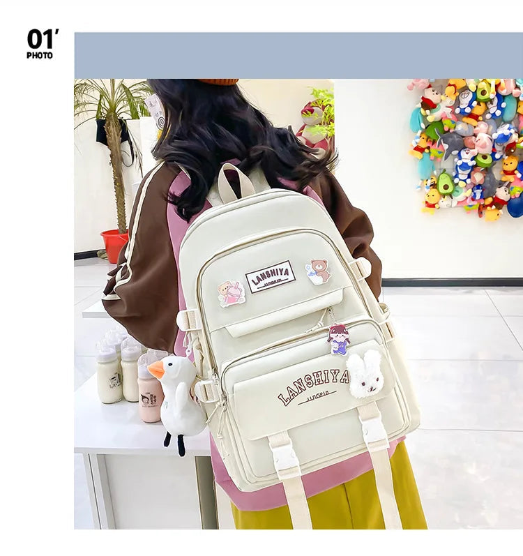 5-piece Set of Free Pendants Forest Style Korean Version Casual Harajuku Student Backpack for High School Girls Large Capacity Viralgem Store