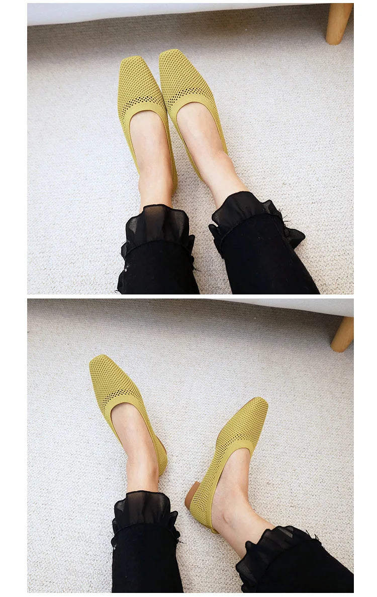 Women Solid Mesh Casual Shoes Summer Breathable Square Toe Hollow Fly Weaving Comfort Light Soft Walkers Flats Zapatos De Mujer