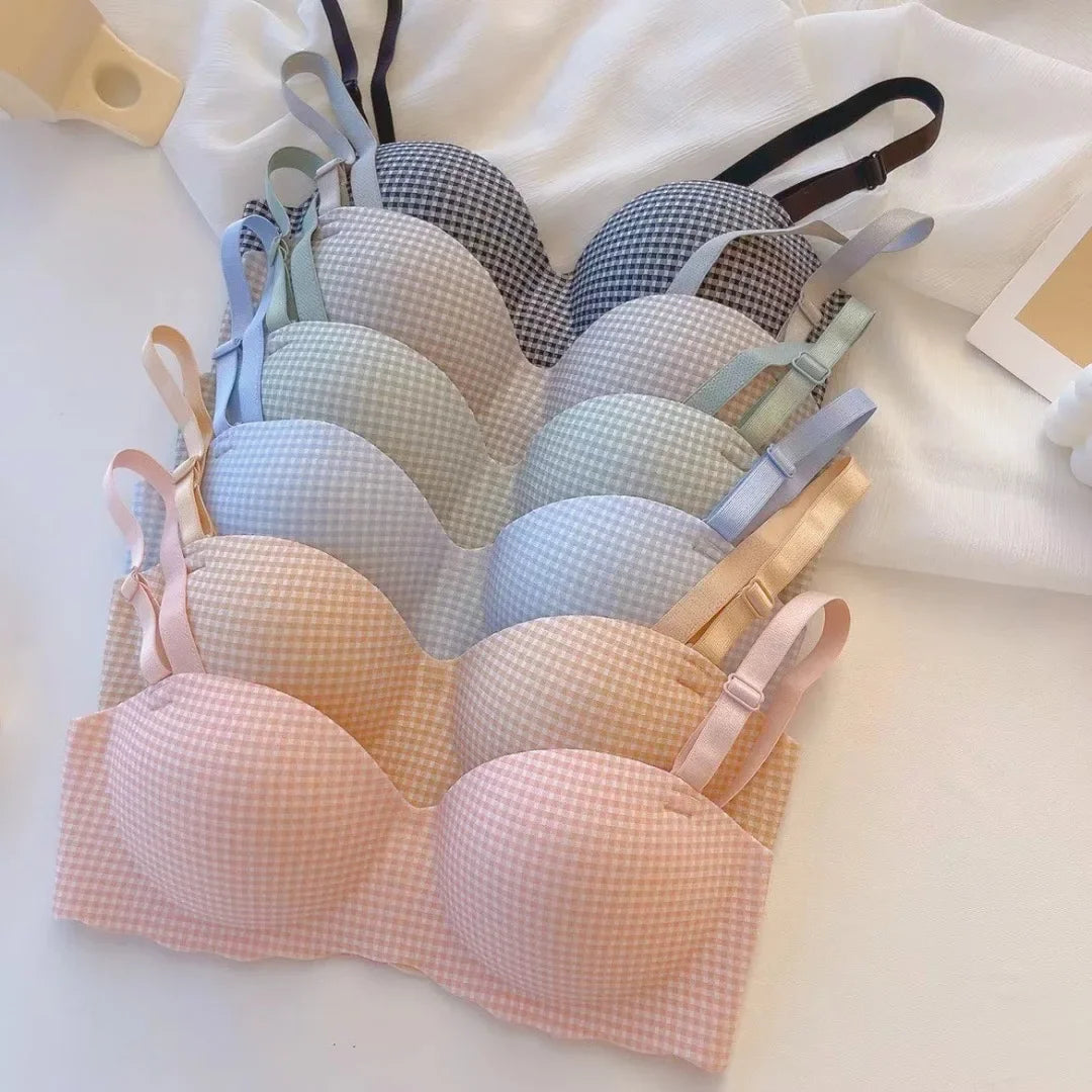 Women Ice Bra One Cup Thick Comfortable Without Steel Ring Lingerie Sexy Push Up Bralette Underwear Fashion Plaids Pattern Bra Viralgem Store