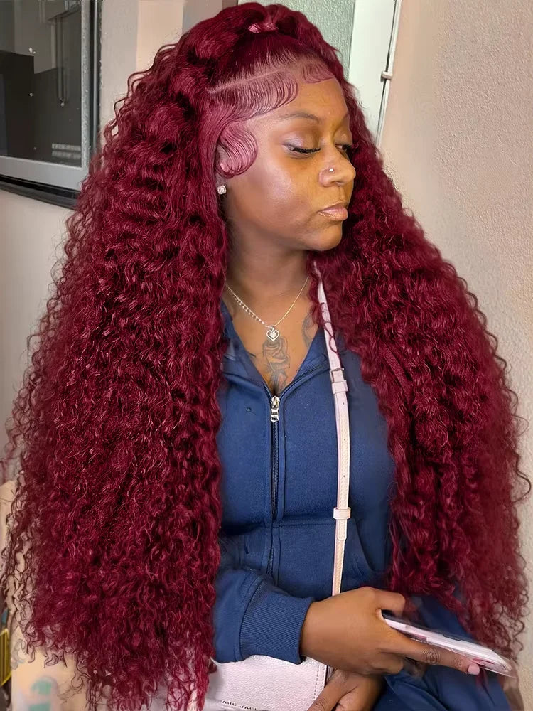 250 Density 13x4 Curly 99J Burgundy Lace Front Wig Red Wine 30 Inch Deep Wave Brazilian HD Glueless Lace Frontal Human Hair Wigs Viralgem Store