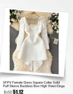 XFPV Female Dress Square Collar Solid Puff Sleeve Backless Bow High Waist Elegant Fashion Vestidos Spring Autumn2024 SM9457