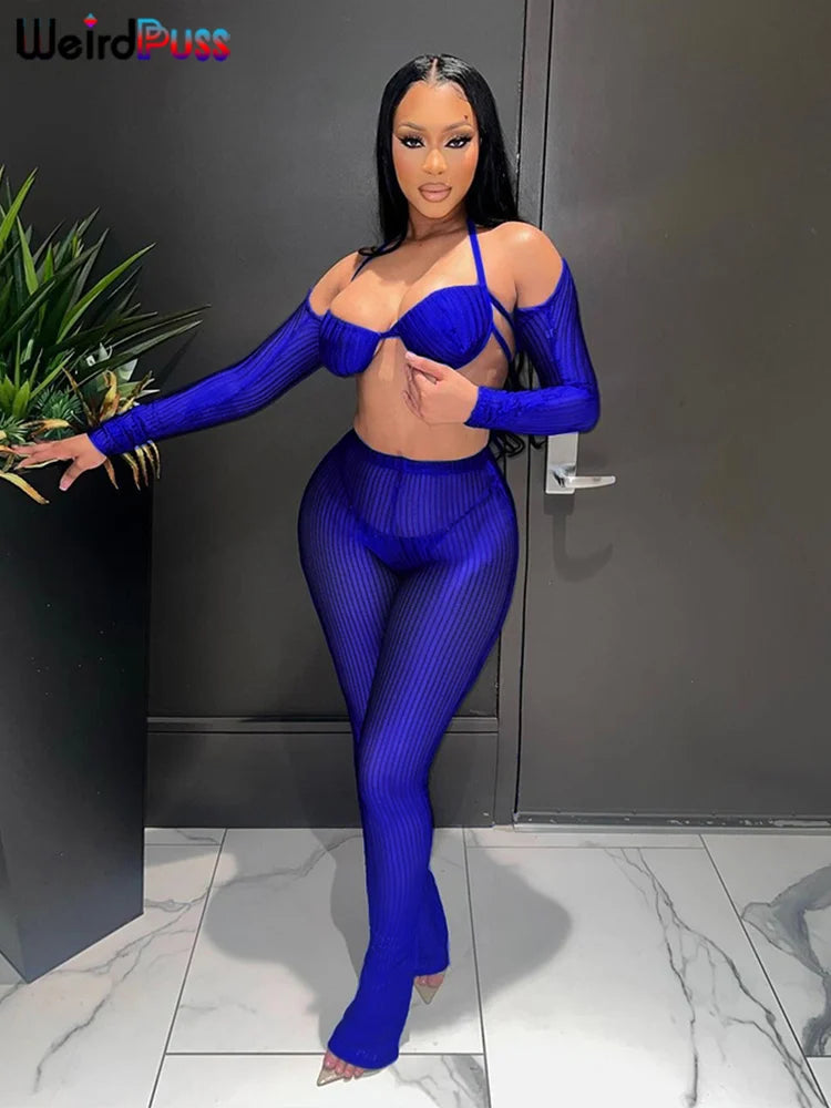 Weird Puss Summer Trend 3 Piece Set Women Spike Mesh Crop Tops+Bandage Bra+Leggings Tight Matching Vacation Streetwear Outfits Viralgem Store