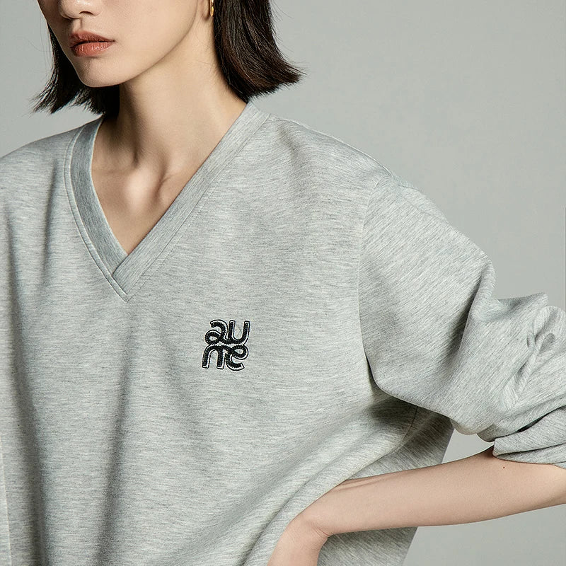 Toyouth Women Sweatshirts 2024 Autumn Long Sleeve V Neck Loose Hoodie Unique Zippered Split Hem Casual Chic Pullover Tops